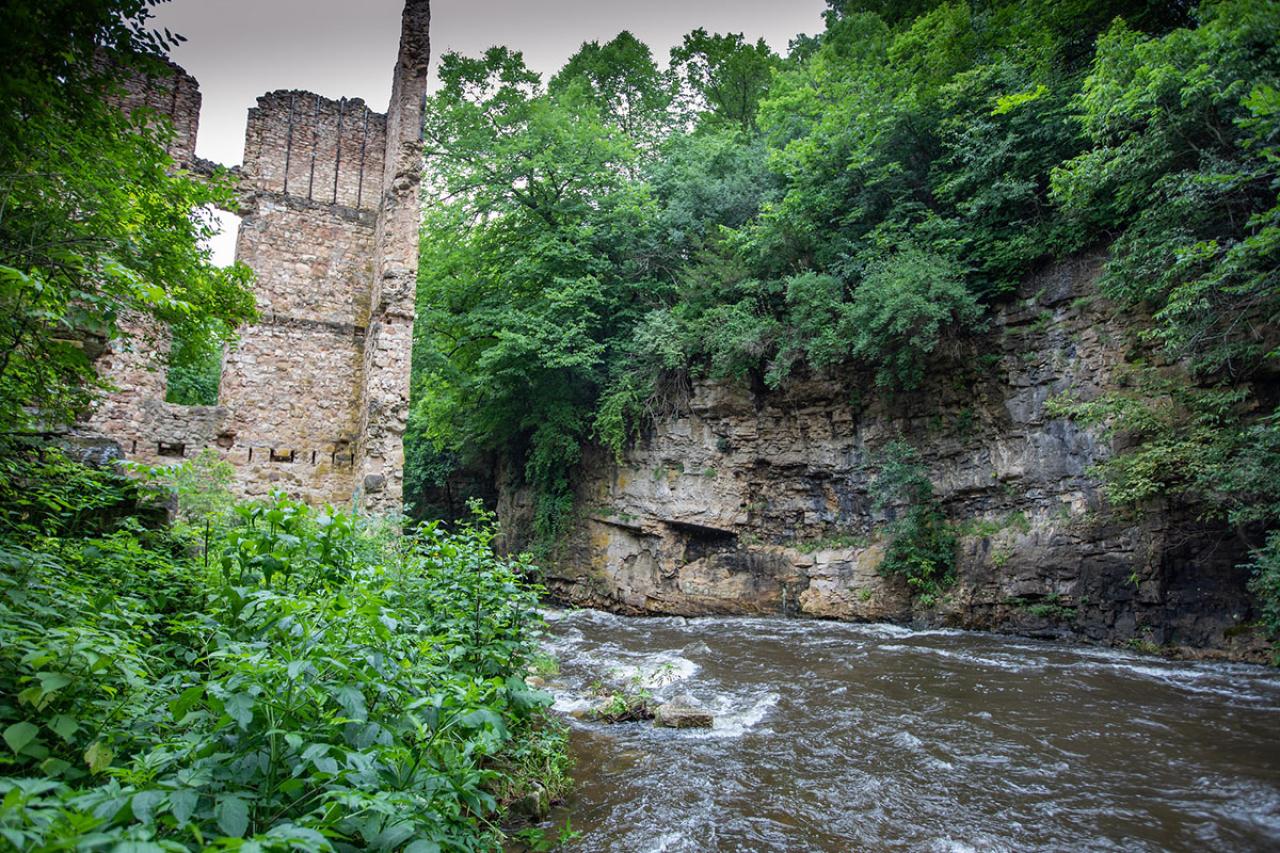 Ruins of an old mill along the river shore at Old Mill Park.