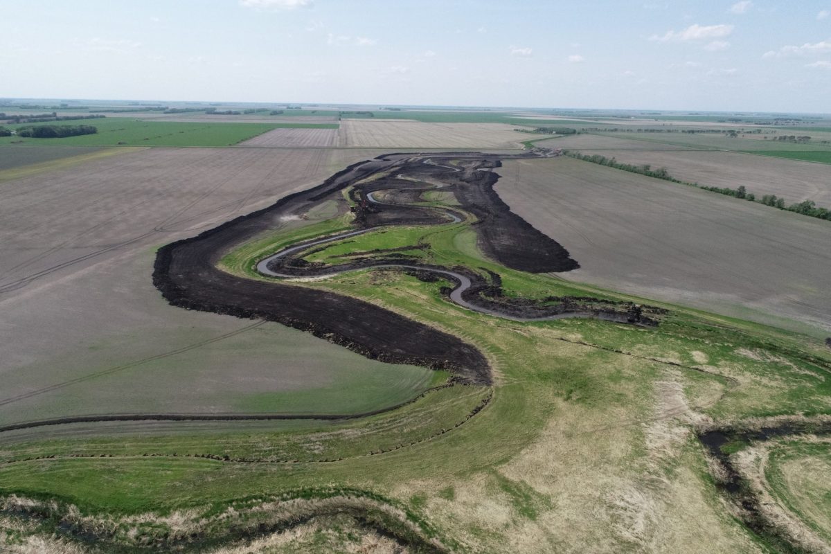 Aerial view of Swift Coulee with restoration work in progress.