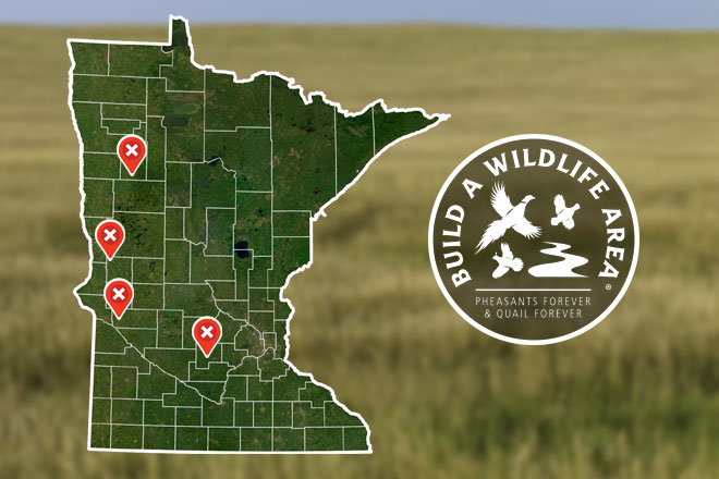 Graphic showing the location of four newly conserved lands across a map of Minnesota.