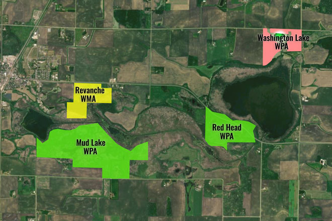 An aerial map overlaid with new additions to 3 waterfowl production areas and 1 wildlife management area in Sibley County.