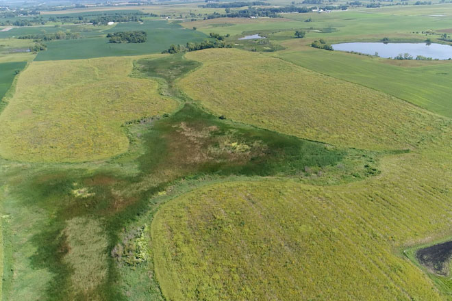 Aerial view of newly protected habitat at Strom Lake Waterfowl Production Area in Minnesota.