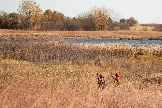 Grassland bird hunters on protected habitat in Minnesota.