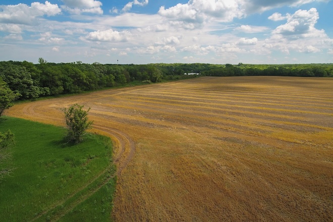 Aerial view of newly protected grassland habitat in Cold Spring, Minnesota.