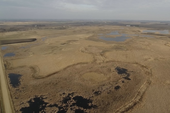 Aerial photo of protected prairie pothole habitat at Wendland Waterfowl Production Area.