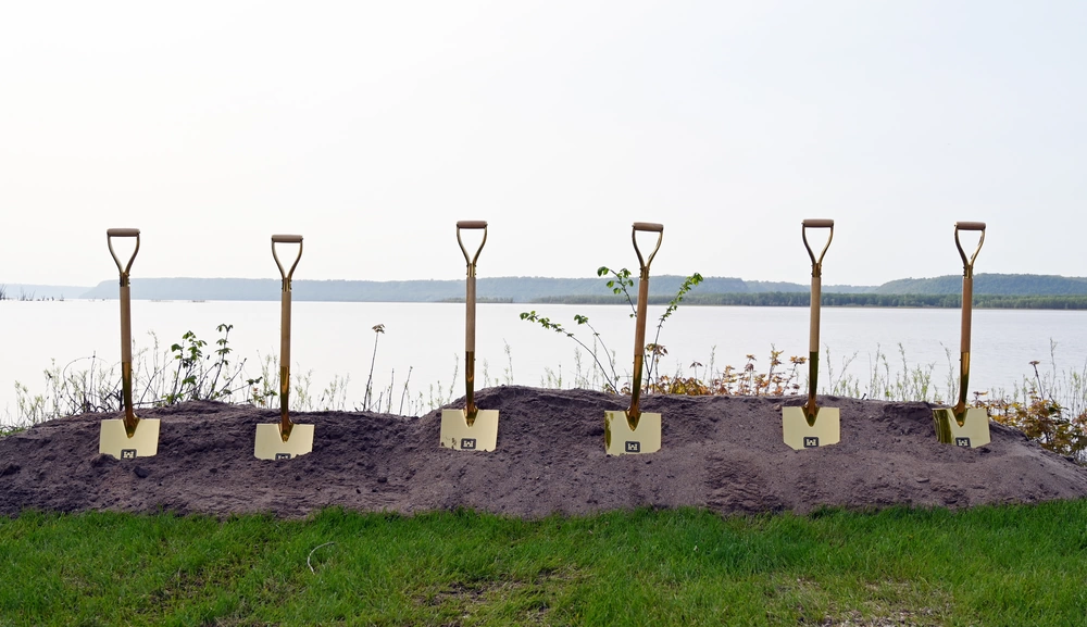 Shovels in view at groundbreaking ceremony for Upper Pool 4 Habitat Project.